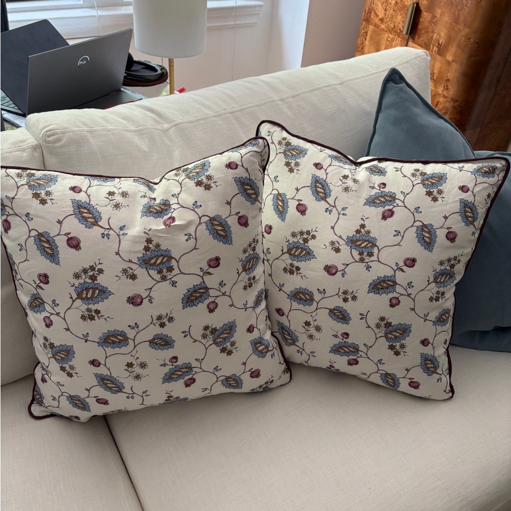 Cream and Blue Floral Schumacher Accent Pillow with Botanical design